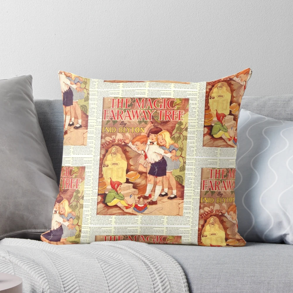 Vintage-inspired book cover pillow featuring the cover of "The Magic Faraway Tree" by Enid Blyton