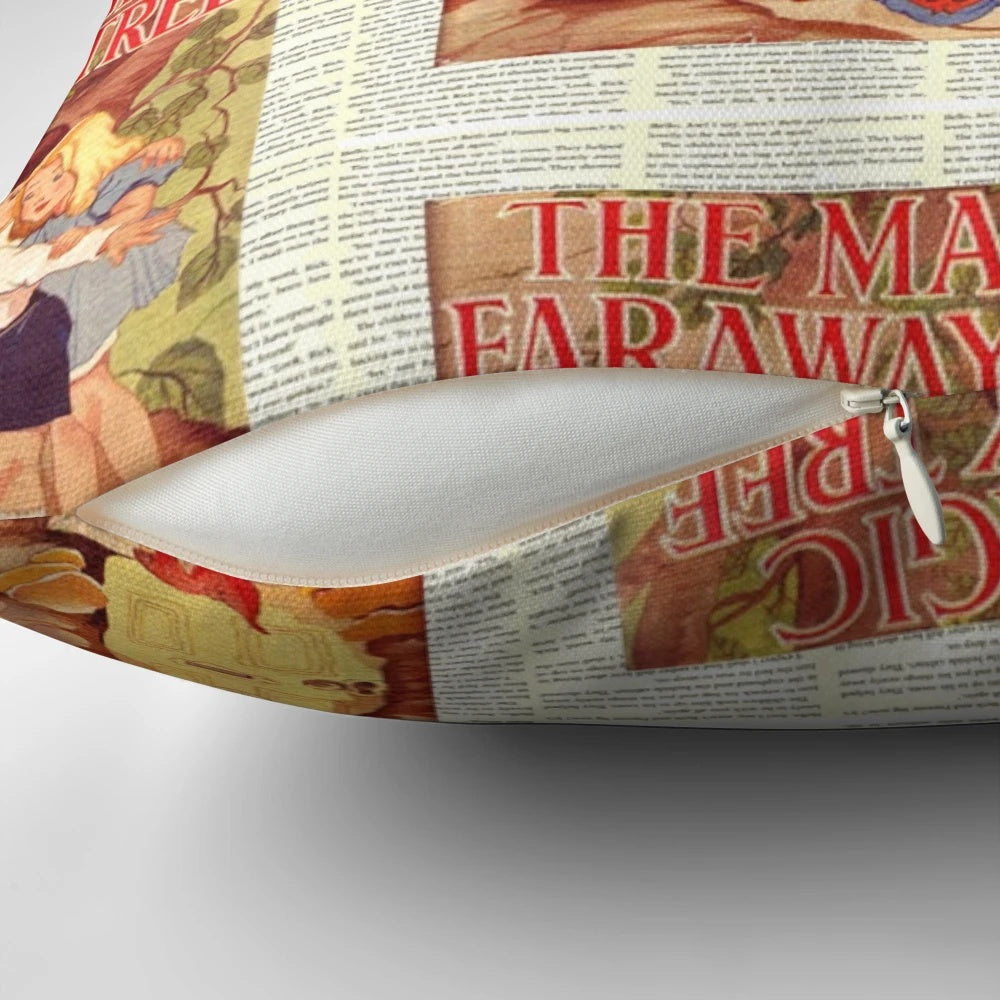 Vintage-inspired book cover pillow featuring the cover of "The Magic Faraway Tree" by Enid Blyton