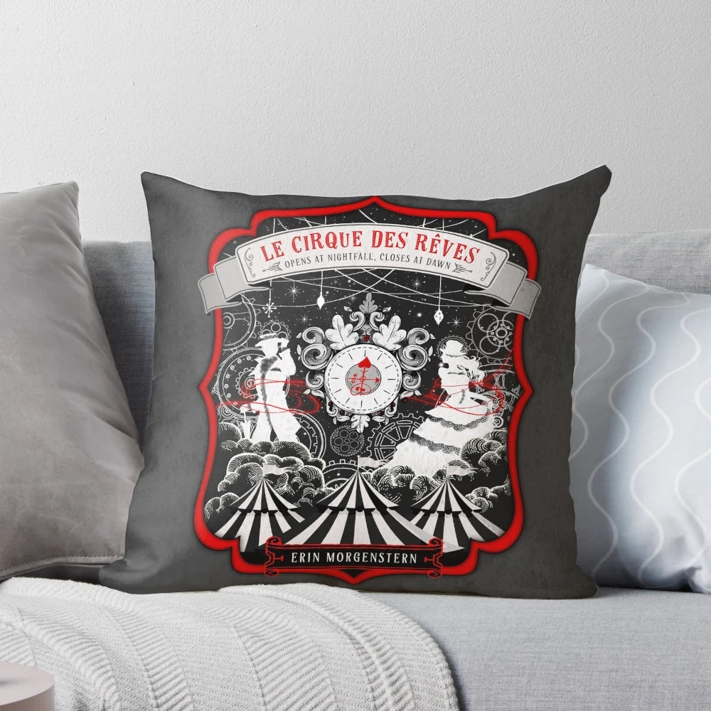 A beautifully designed pillow featuring a silhouette of figures against a starry night sky, evoking the magical atmosphere of "The Night Circus