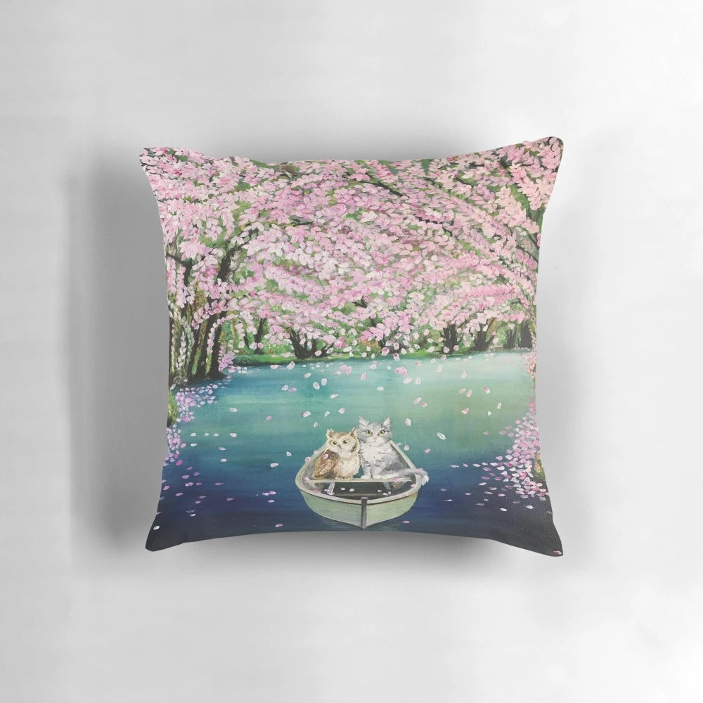 Soft, floral decorative pillow featuring owls and cats from the classic poem "The Owl and The Pussycat