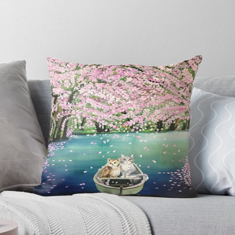 Soft, floral decorative pillow featuring owls and cats from the classic poem "The Owl and The Pussycat