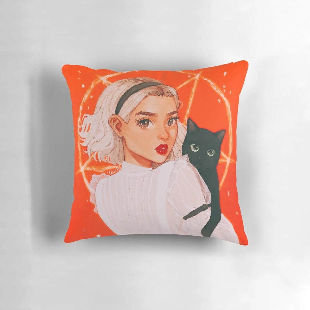 The Teenage Witch" themed pillow with a whimsical, mystical design