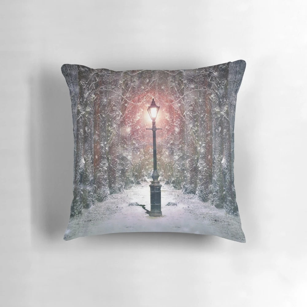 Plush 'This Way to Narnia' decorative pillow with forest and winter scene