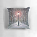 Plush 'This Way to Narnia' decorative pillow with forest and winter scene