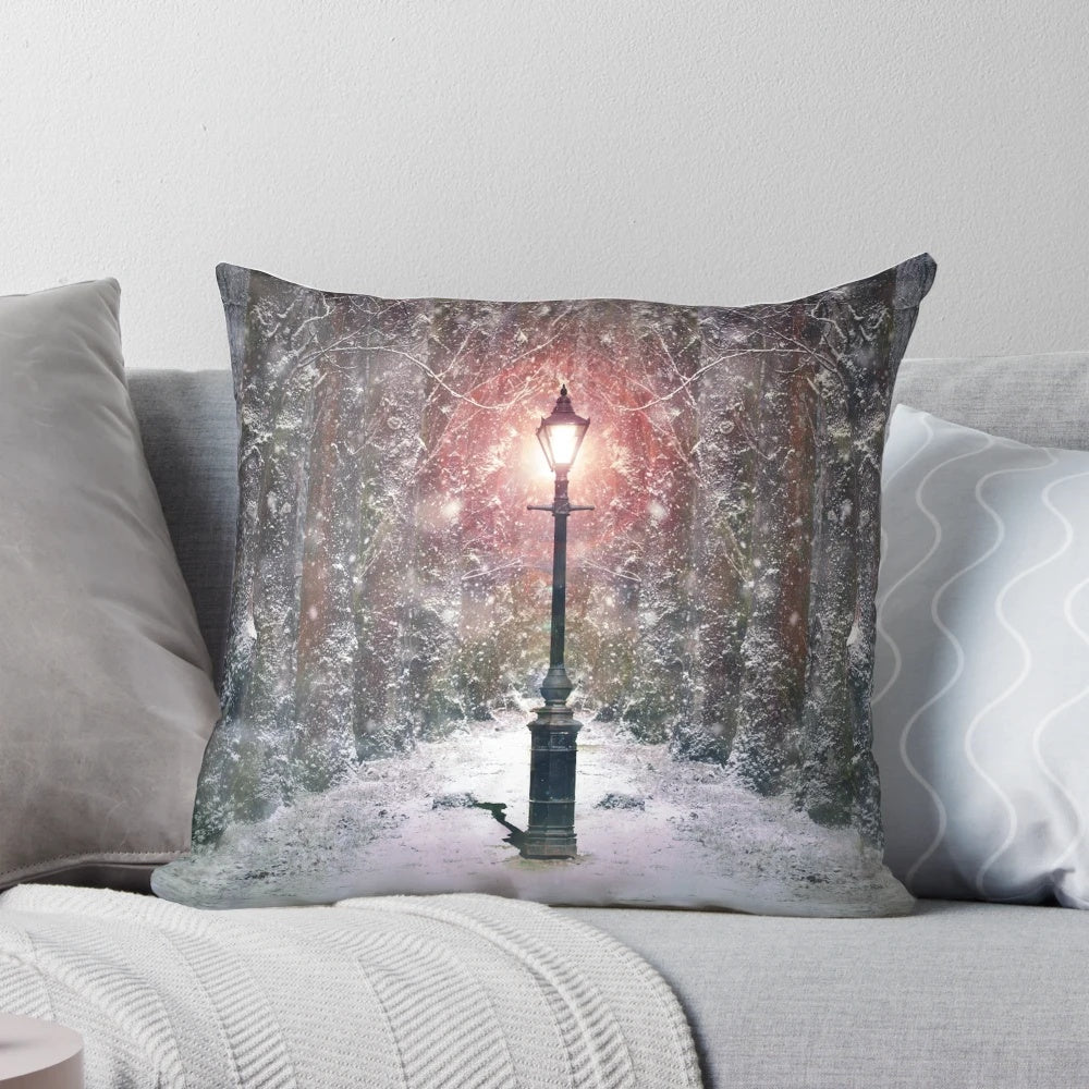 Plush 'This Way to Narnia' decorative pillow with forest and winter scene