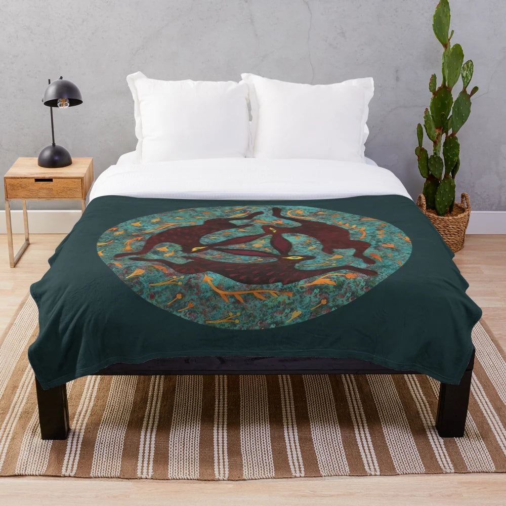 Three Hares Plush Blanket with Folklore Inspired Design