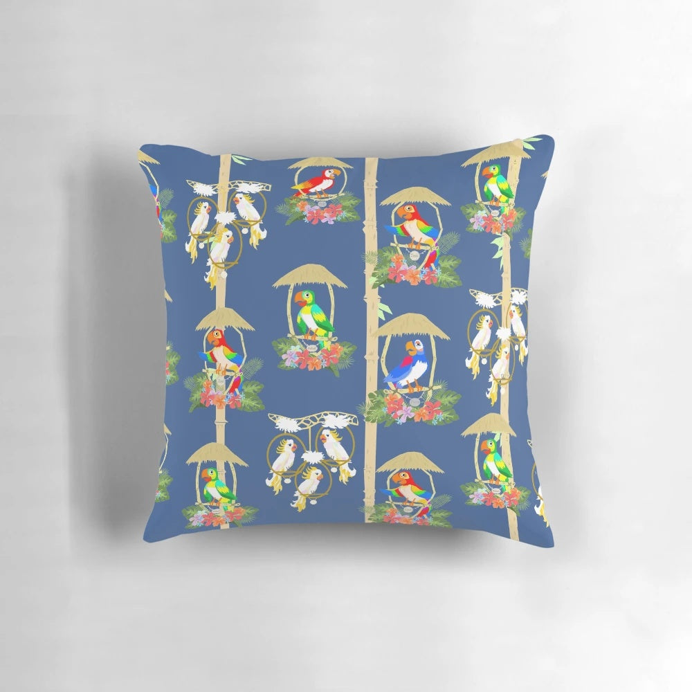 Vibrant blue pillow featuring the iconic Tiki Room birds from the beloved Disney attraction