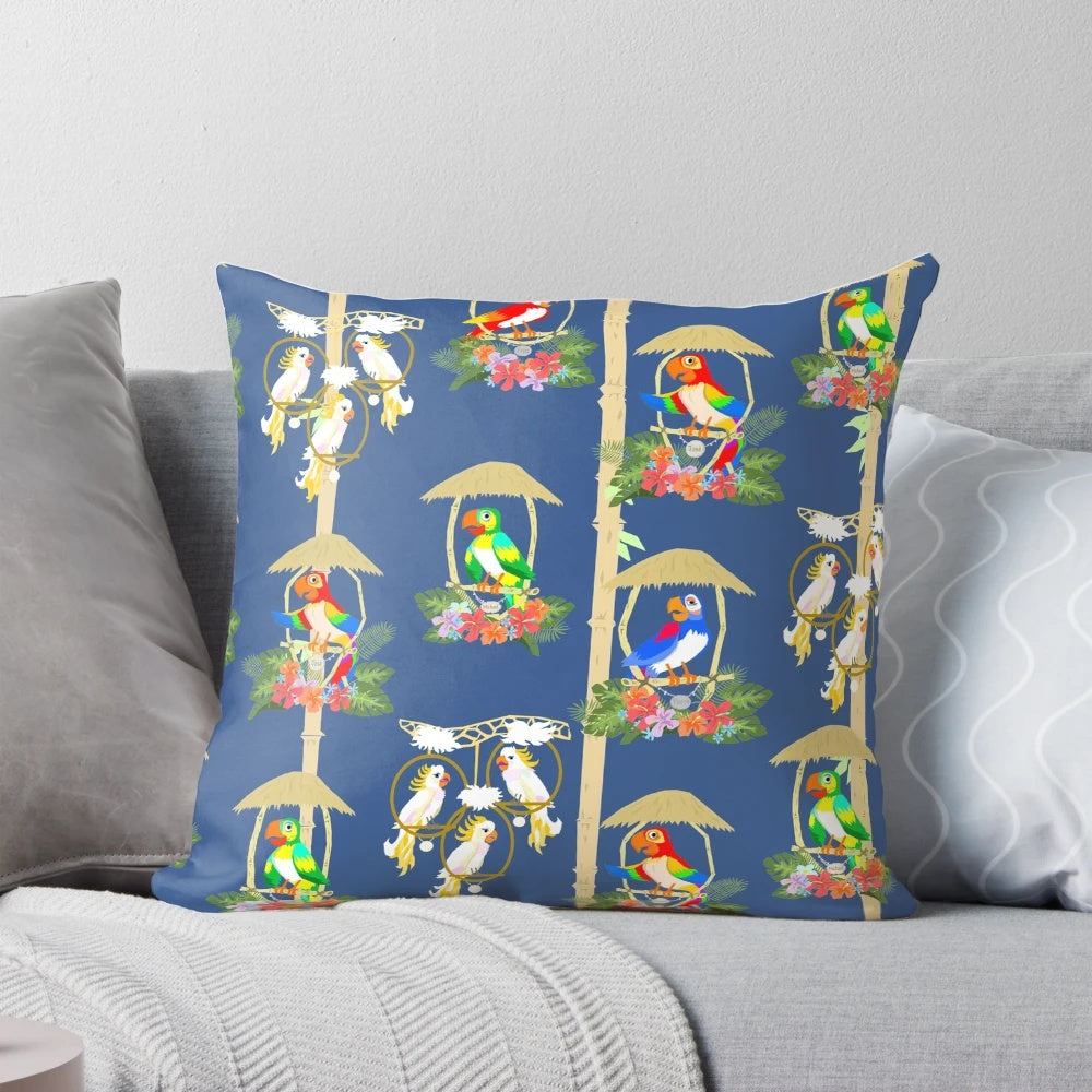 Vibrant blue pillow featuring the iconic Tiki Room birds from the beloved Disney attraction