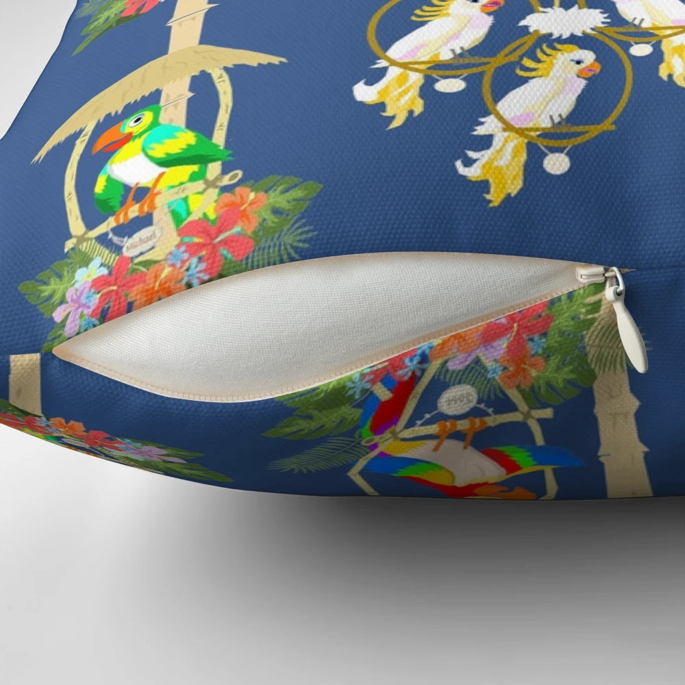 Vibrant blue pillow featuring the iconic Tiki Room birds from the beloved Disney attraction