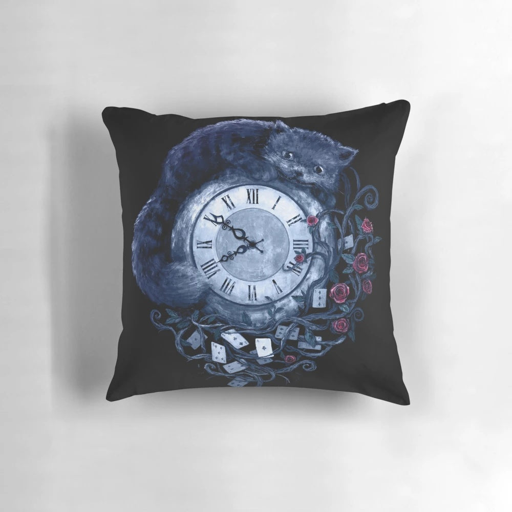 Whimsical "Time in Wonderland" Alice in Wonderland inspired throw pillow featuring the Cheshire Cat and fantasy elements