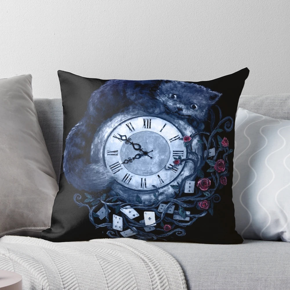 Whimsical "Time in Wonderland" Alice in Wonderland inspired throw pillow featuring the Cheshire Cat and fantasy elements