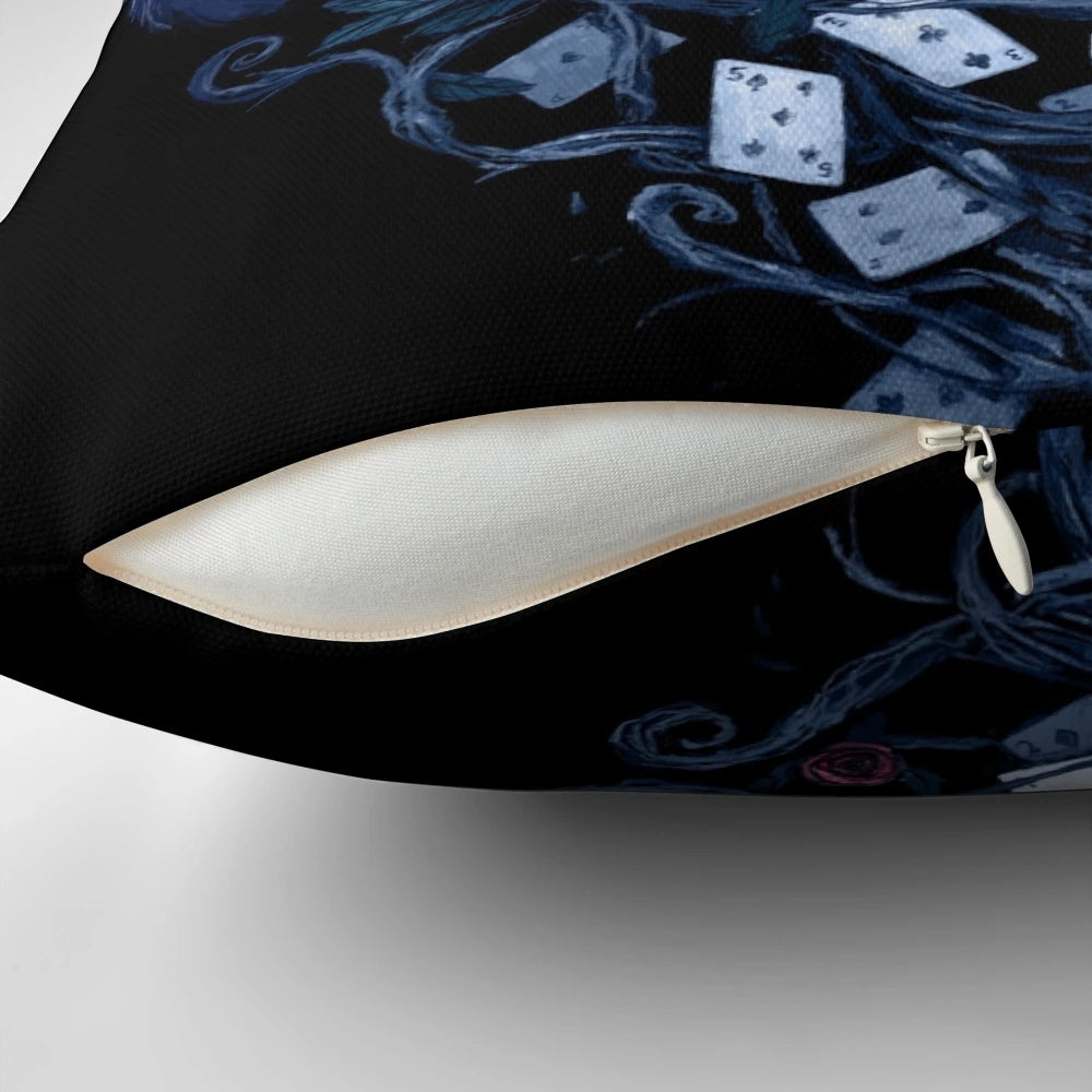 Whimsical "Time in Wonderland" Alice in Wonderland inspired throw pillow featuring the Cheshire Cat and fantasy elements