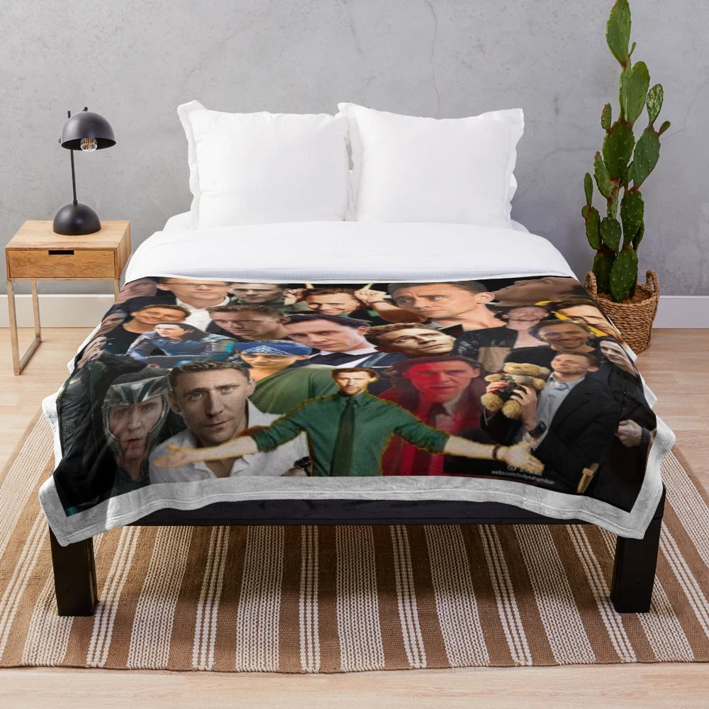Tom Hiddleston collage design on a soft and cozy plush blanket