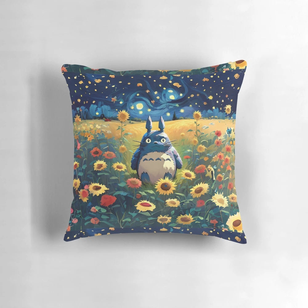 Totoro pillow featuring Totoro character in a sunflower field with a starry night sky background