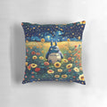 Totoro pillow featuring Totoro character in a sunflower field with a starry night sky background