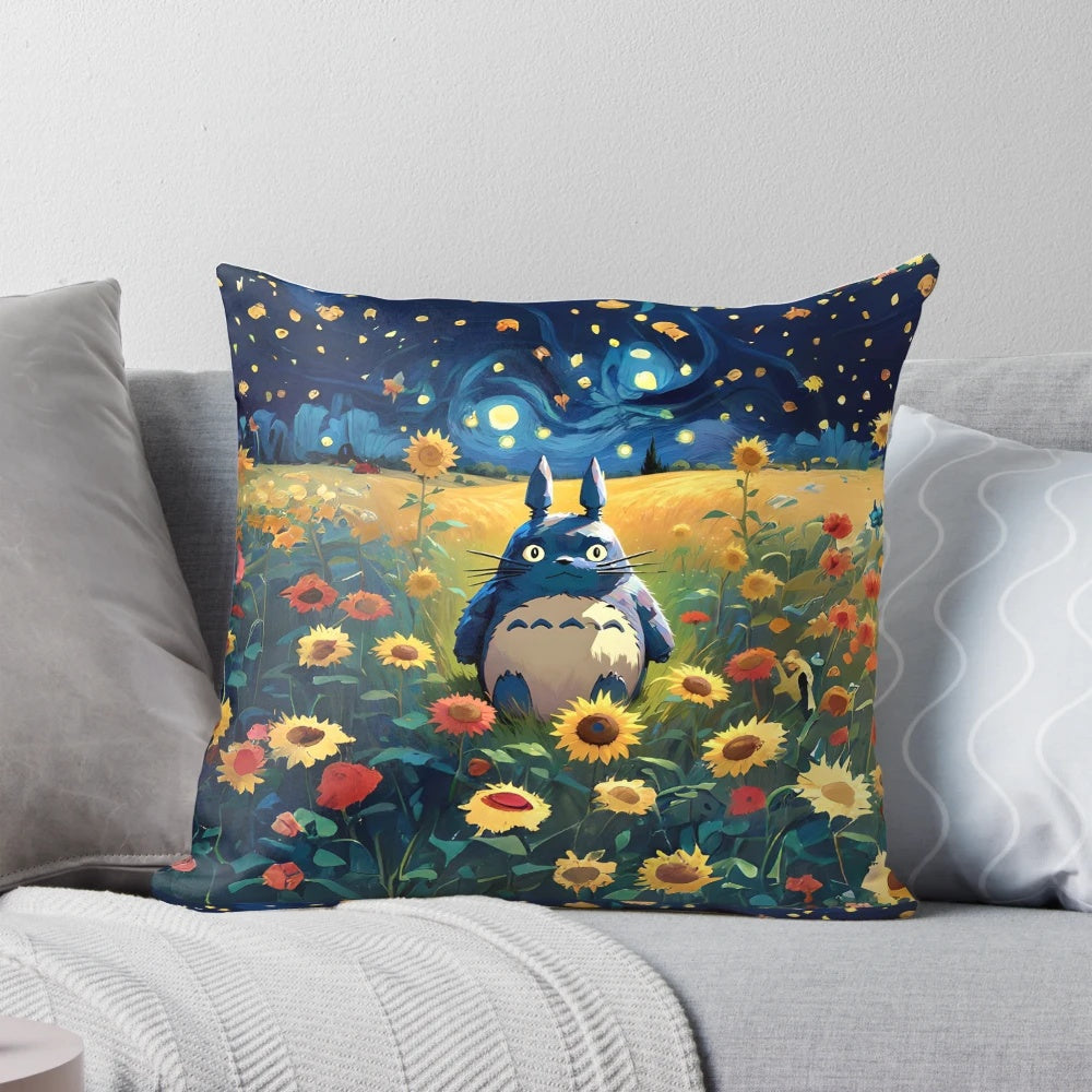Totoro pillow featuring Totoro character in a sunflower field with a starry night sky background