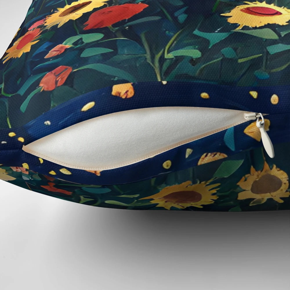 Totoro pillow featuring Totoro character in a sunflower field with a starry night sky background