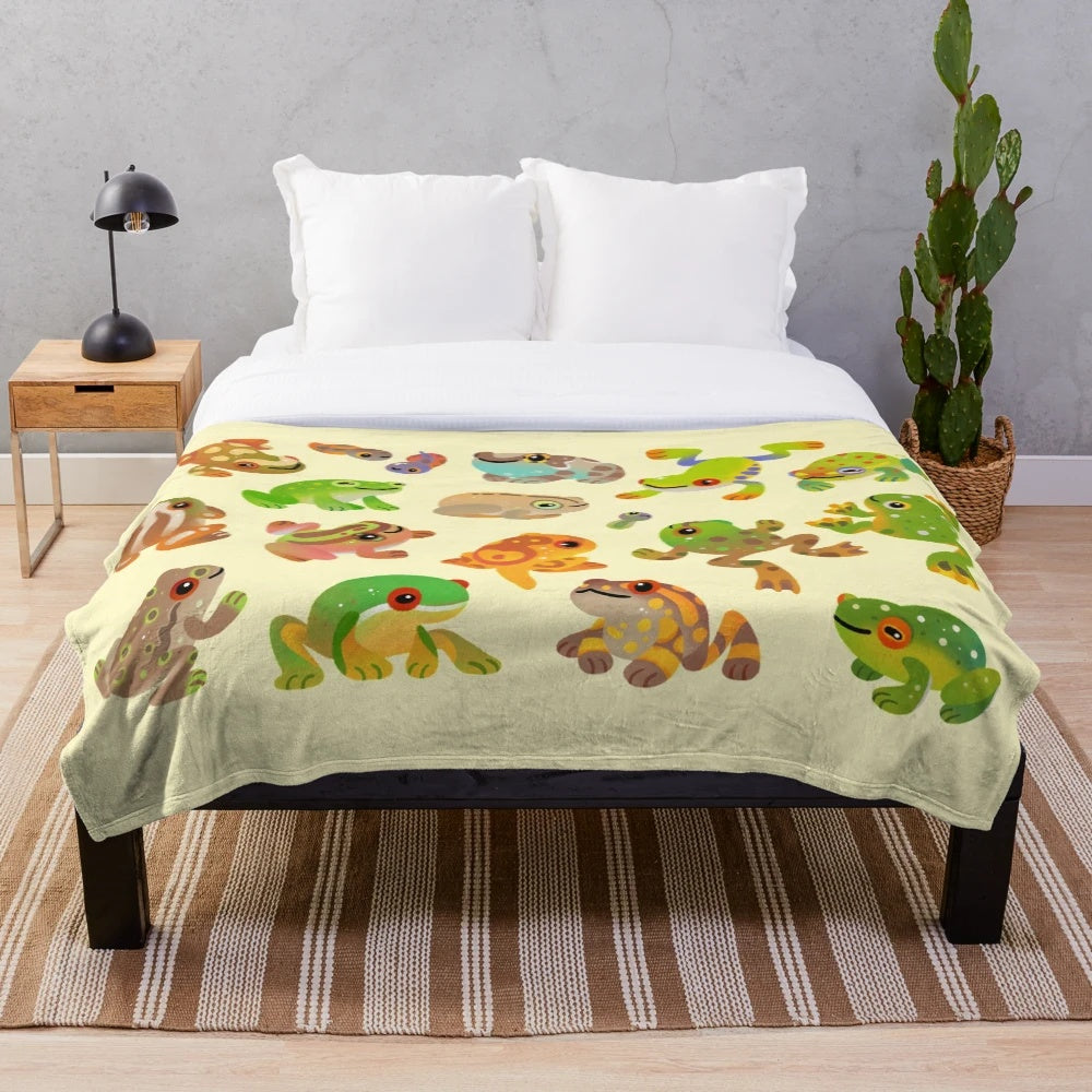 Lush tree frog plush blanket with vibrant colors and patterns