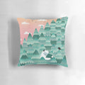 A cozy and whimsical tree hugger pillow featuring a forest-dwelling monster or yeti creature in a picturesque sunrise setting.
