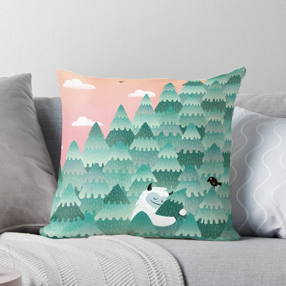 A cozy and whimsical tree hugger pillow featuring a forest-dwelling monster or yeti creature in a picturesque sunrise setting.
