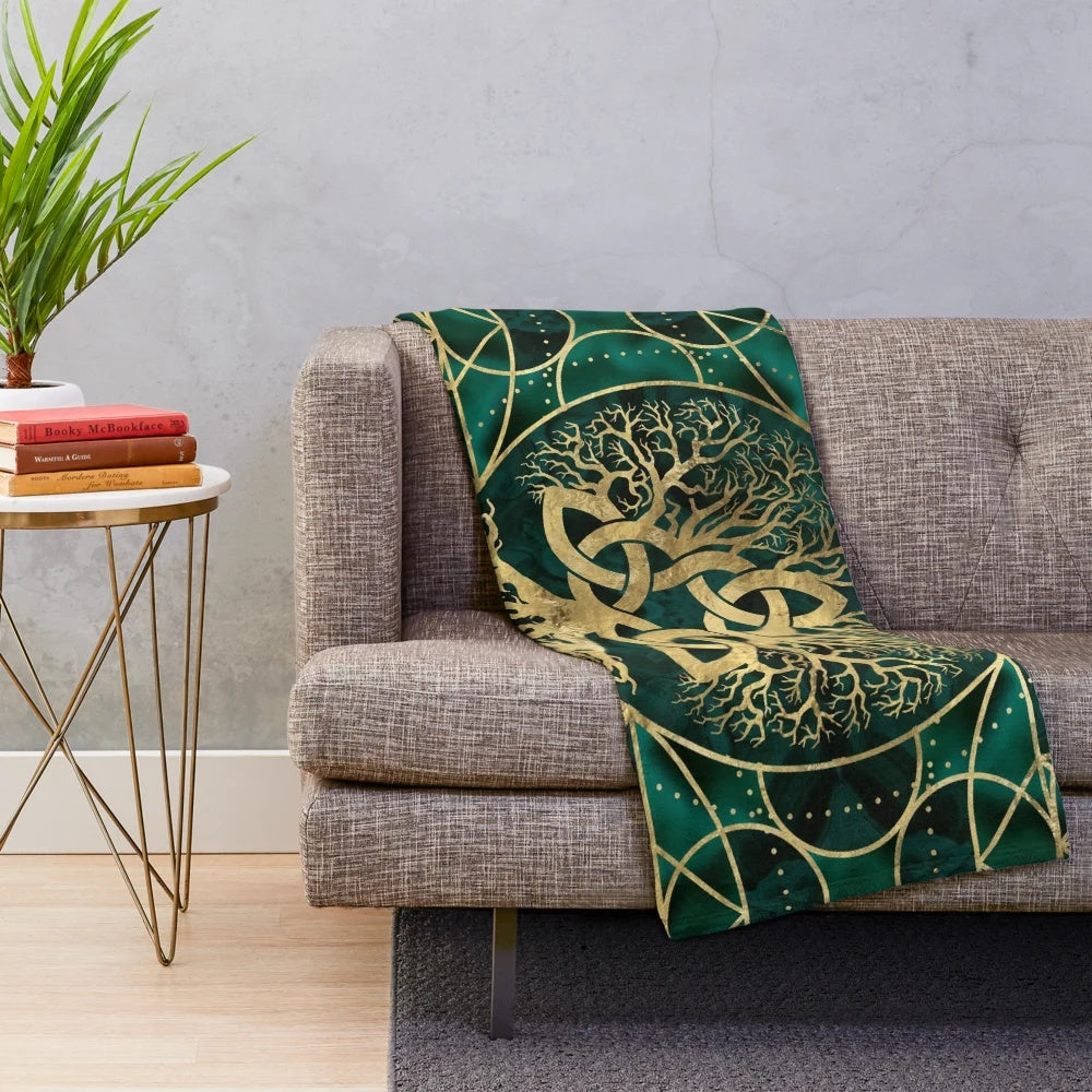 Tree of life with triquetra, malachite, and gold plush blanket