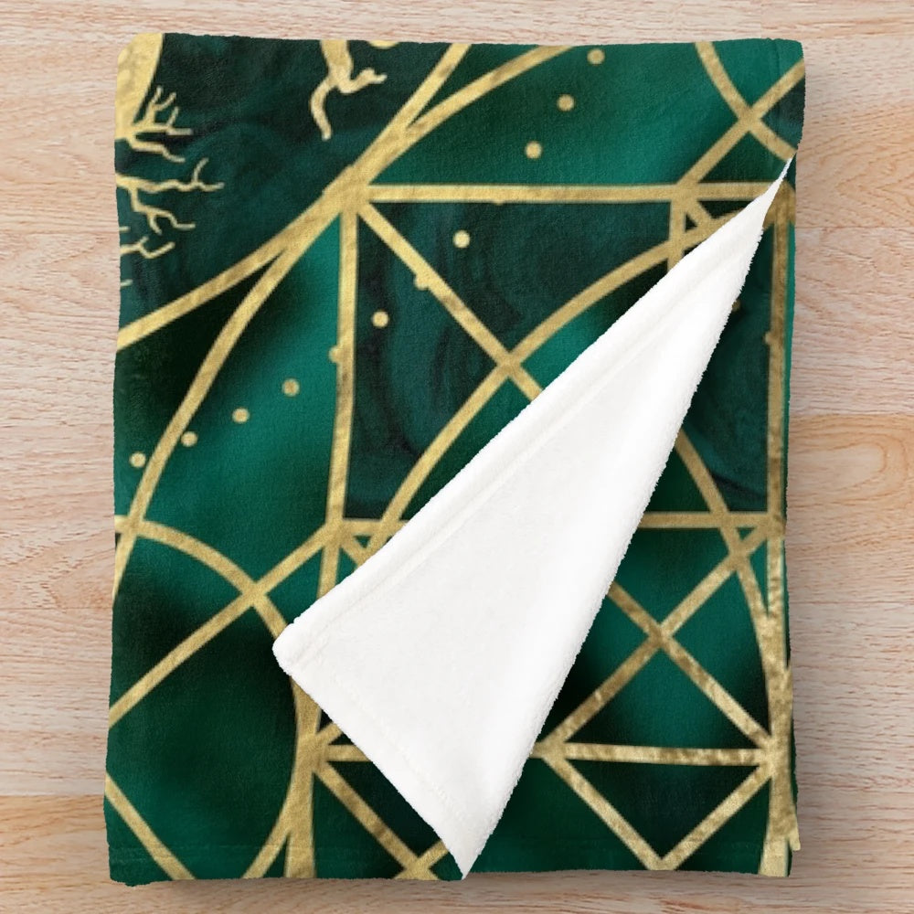 Tree of life with triquetra, malachite, and gold plush blanket