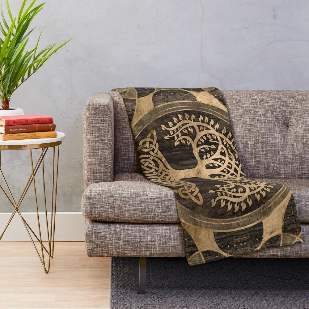 Tree of Life Yggdrasil design plush blanket featuring wood bark and golden accents