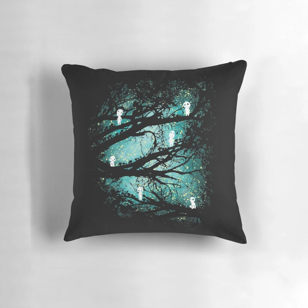 A whimsical pillow featuring captivating tree spirit illustrations inspired by classic anime and manga.