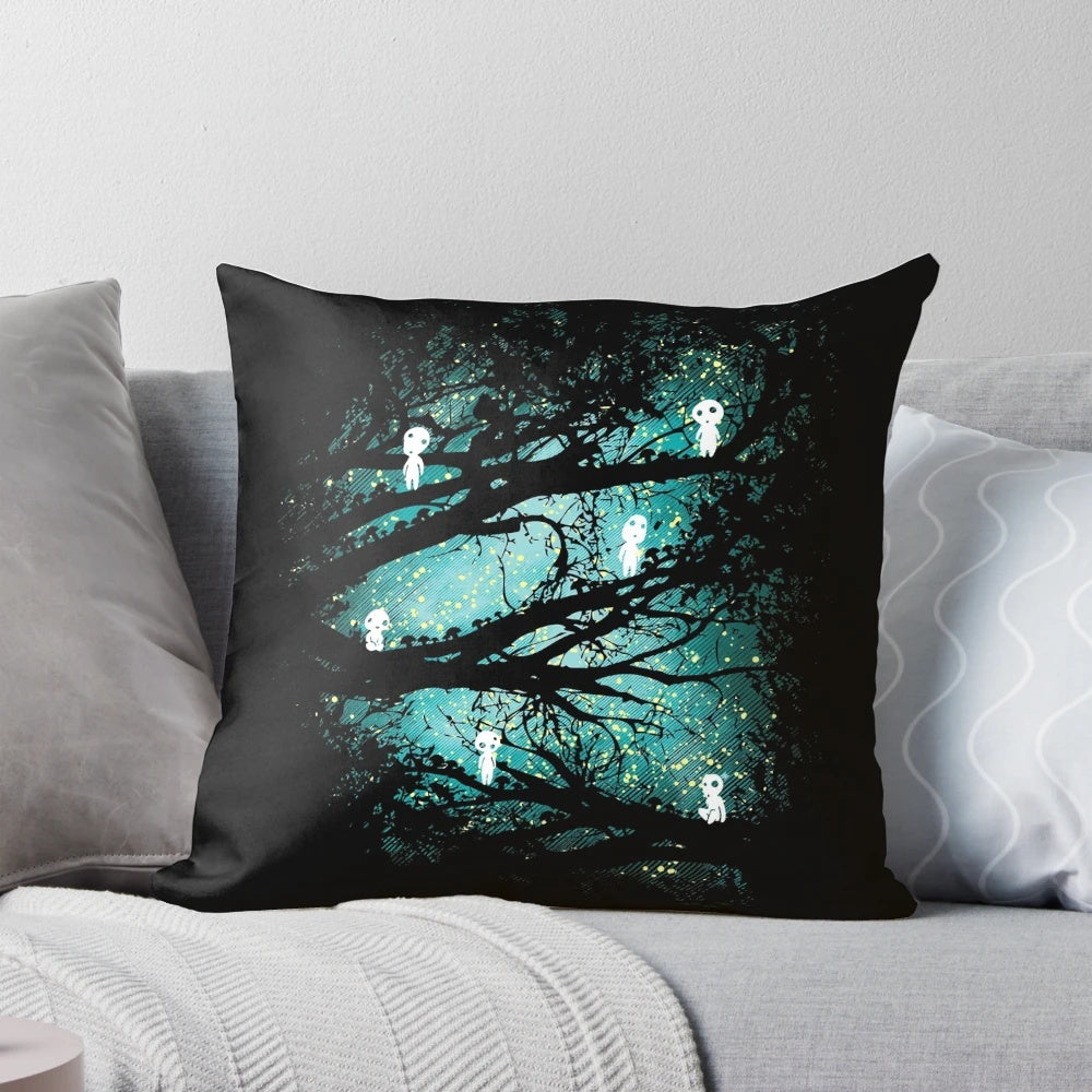 A whimsical pillow featuring captivating tree spirit illustrations inspired by classic anime and manga.