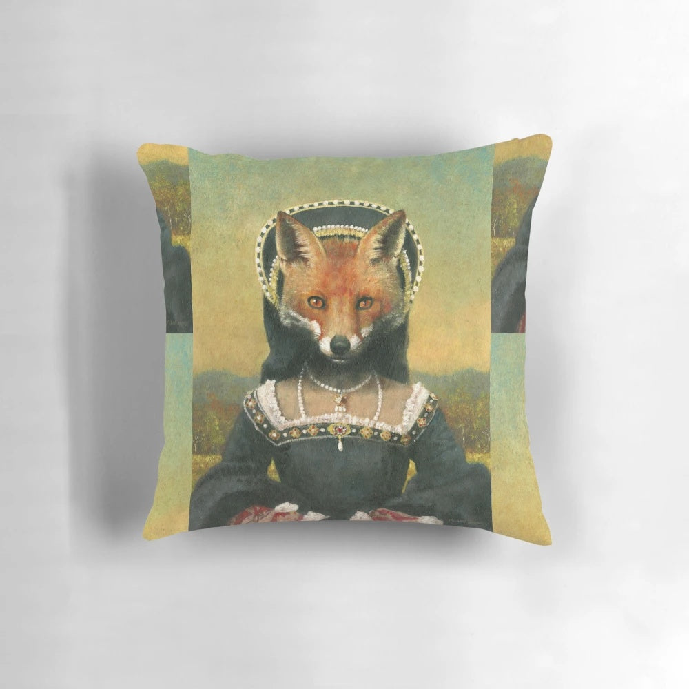 Intricately detailed portrait of a regal Tudor-era fox lady, featured on a luxurious decorative pillow.