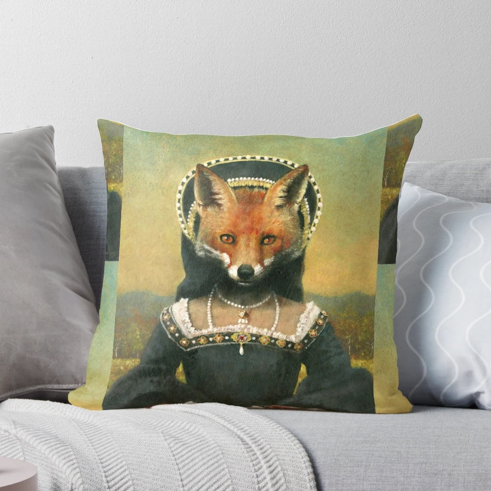 Intricately detailed portrait of a regal Tudor-era fox lady, featured on a luxurious decorative pillow.