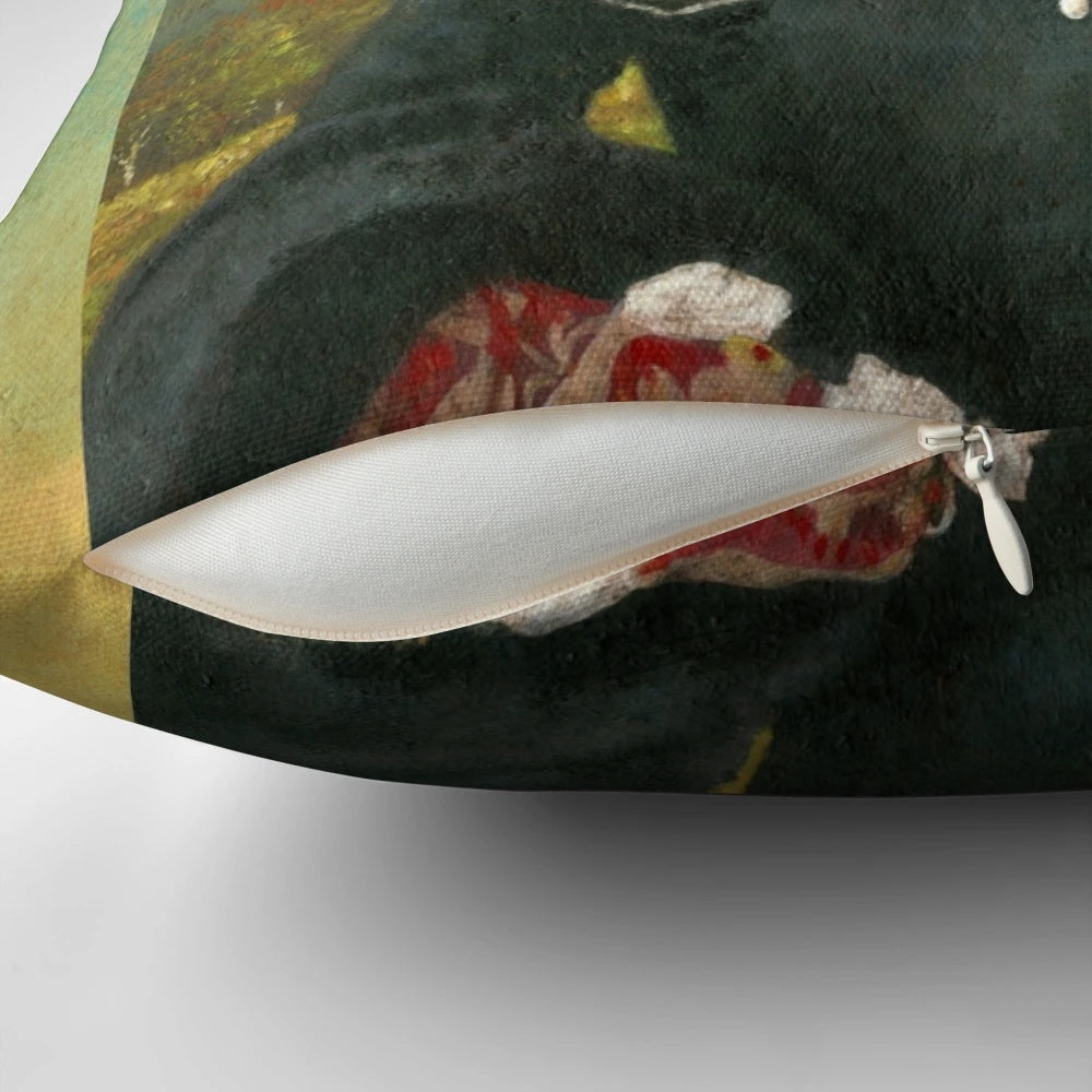 Intricately detailed portrait of a regal Tudor-era fox lady, featured on a luxurious decorative pillow.