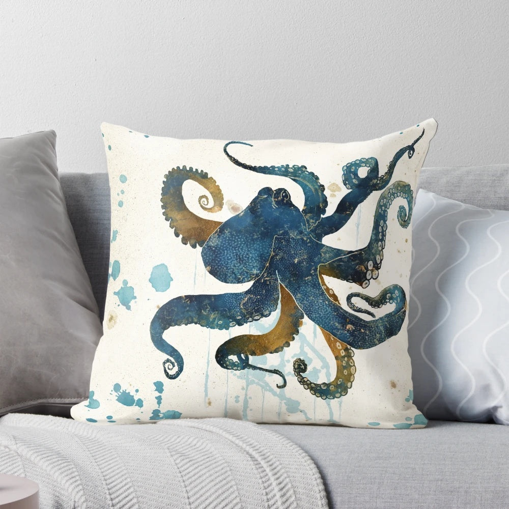 Whimsical abstract art pillow featuring a blue, green, and gold underwater dream scene with an octopus and sea monster.