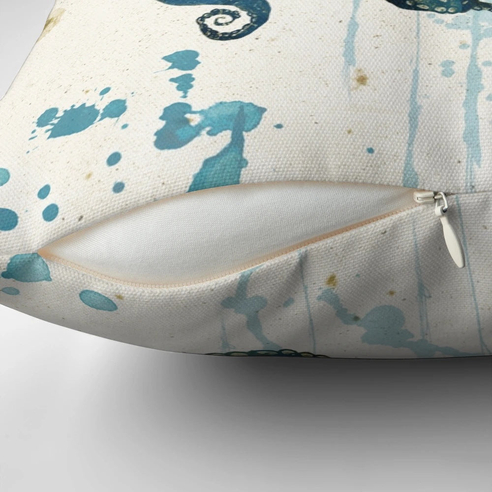 Whimsical abstract art pillow featuring a blue, green, and gold underwater dream scene with an octopus and sea monster.