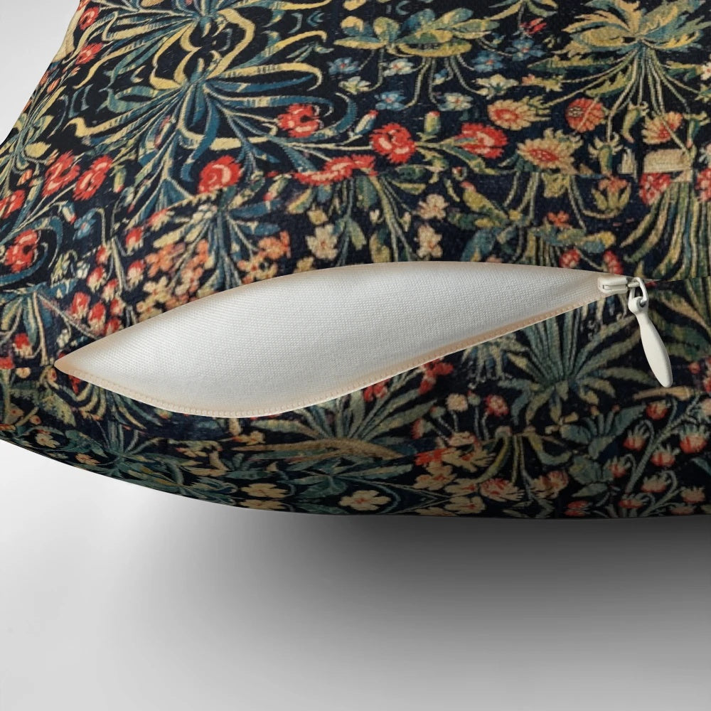 Decorative throw pillow featuring a magical unicorn and deer among a lush, floral forest scene.