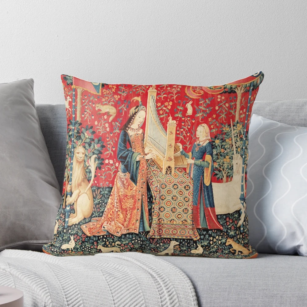 Whimsical illustration of a unicorn and lady playing an organ surrounded by mythical animals in a lush, floral garden scene.