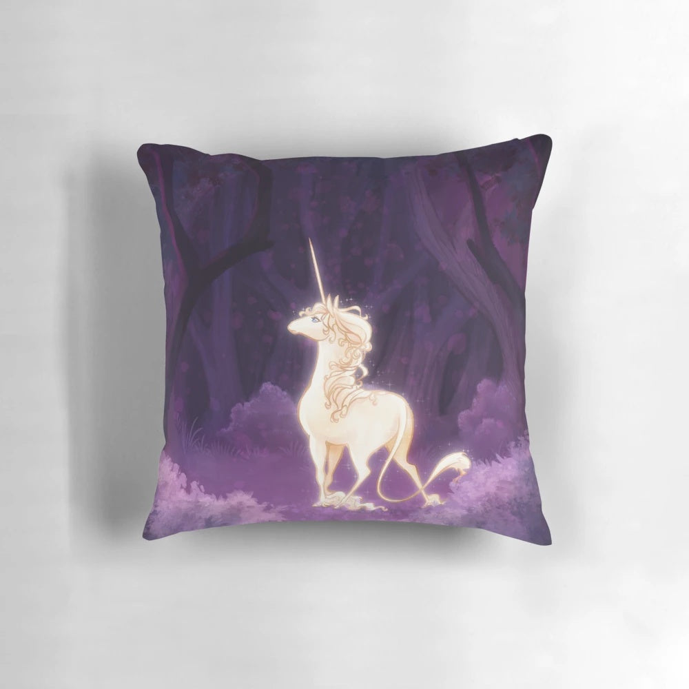 Magical unicorn in a fantasy lilac woodland design decorative pillow