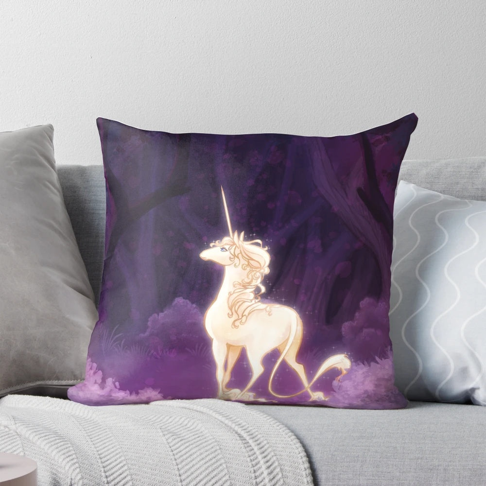 Magical unicorn in a fantasy lilac woodland design decorative pillow