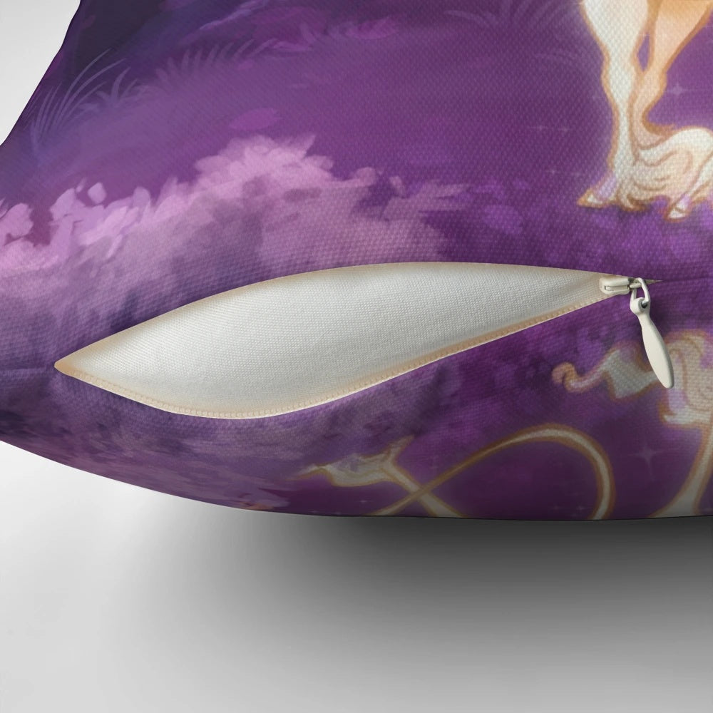 Magical unicorn in a fantasy lilac woodland design decorative pillow
