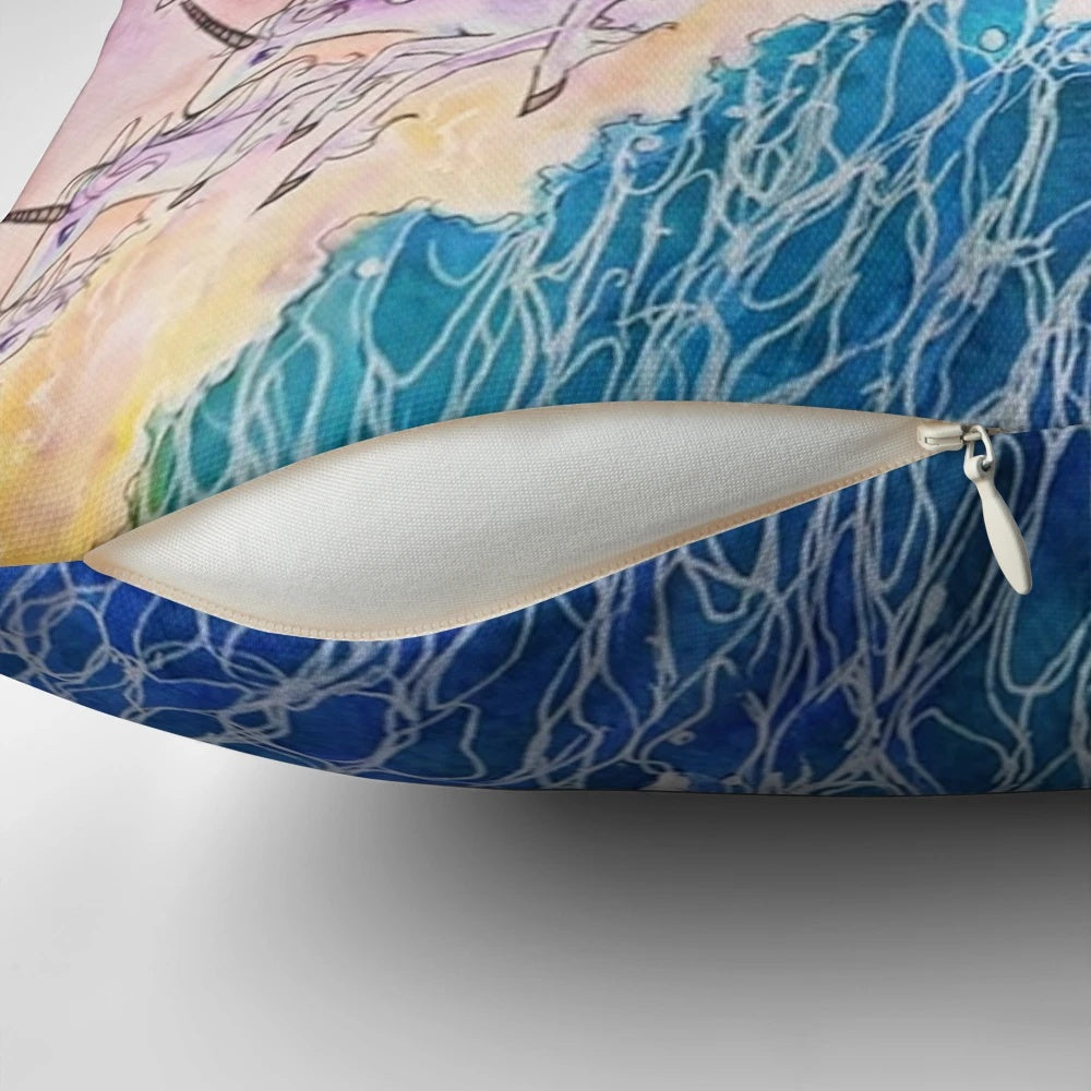 Decorative pillow featuring a whimsical unicorn swimming in a vibrant ocean scene, inspired by the classic fantasy novel "The Last Unicorn".