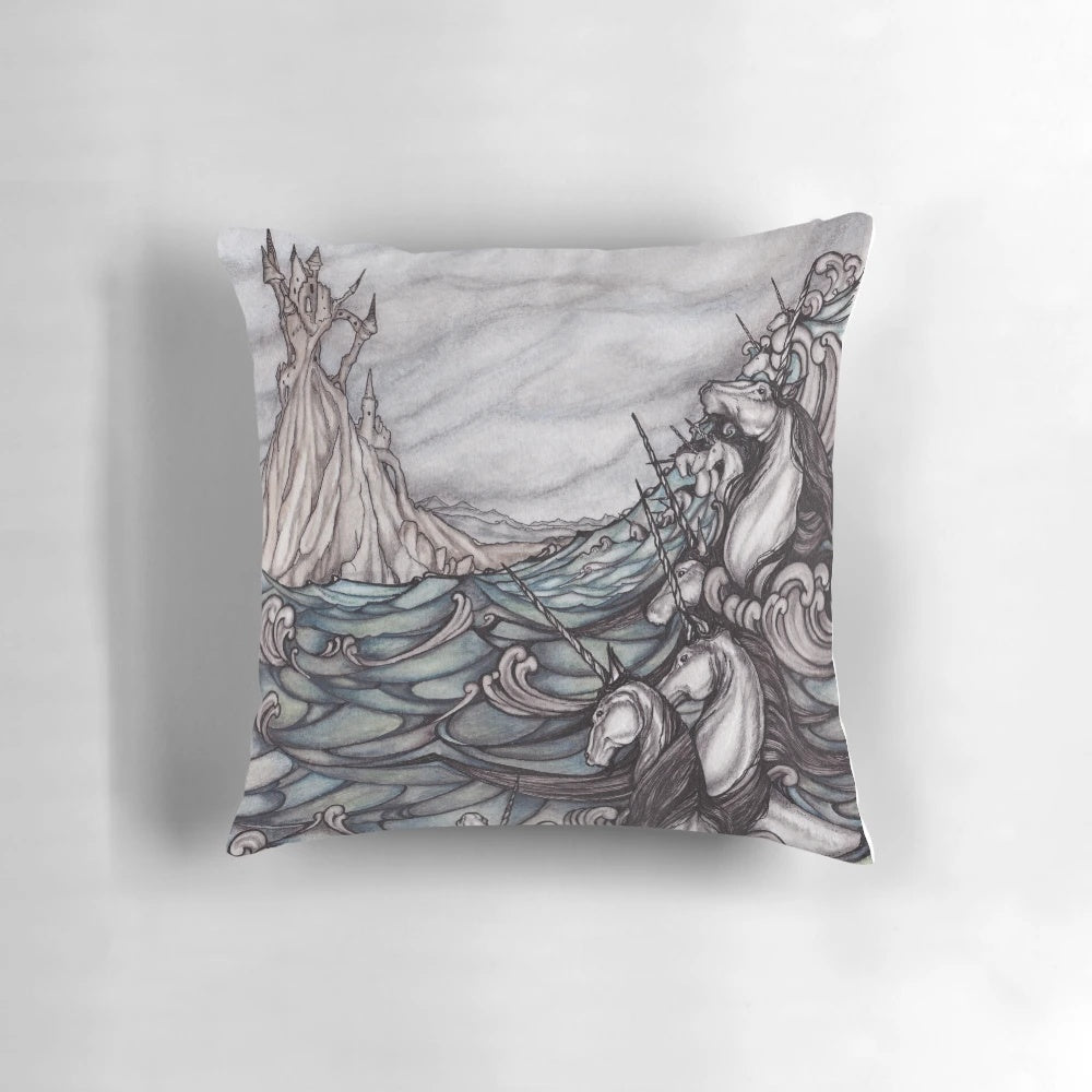A decorative throw pillow featuring a whimsical unicorn swimming in a tranquil sea