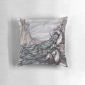 A decorative throw pillow featuring a whimsical unicorn swimming in a tranquil sea