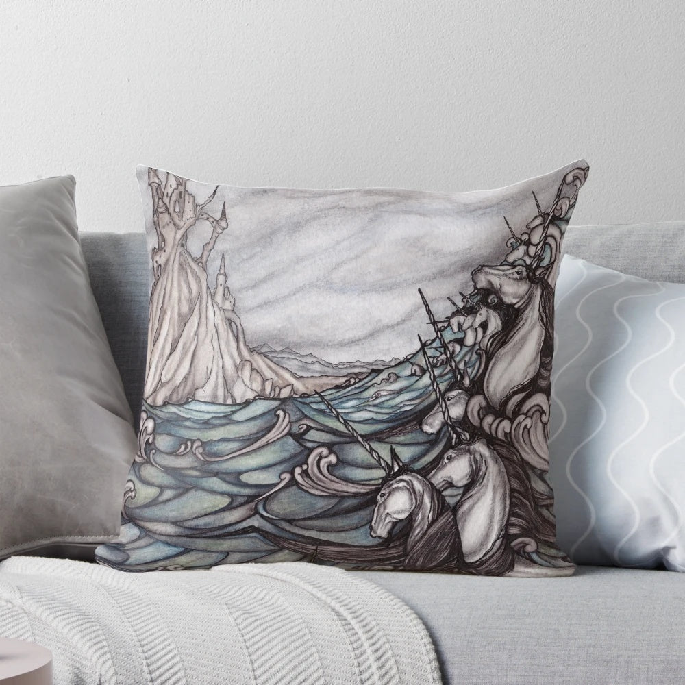 A decorative throw pillow featuring a whimsical unicorn swimming in a tranquil sea
