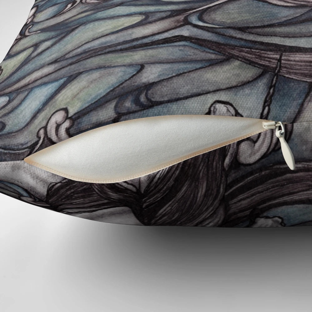A decorative throw pillow featuring a whimsical unicorn swimming in a tranquil sea