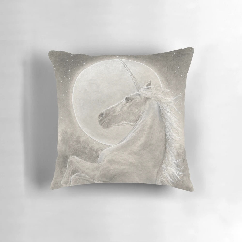 Soft, plush unicorn pillow with a magical moon design, perfect for fantasy and celestial-themed decor.