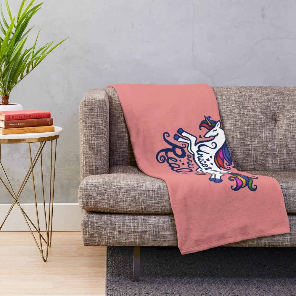 Soft, plush unicorn blanket in a retro rainbow design