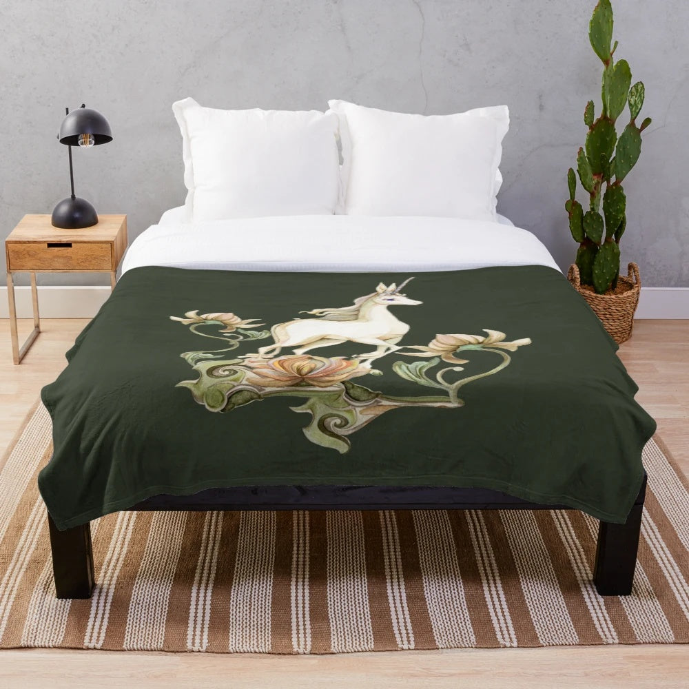 Cozy and artistic unicorn-themed plush blanket featuring a beautiful floral garden design