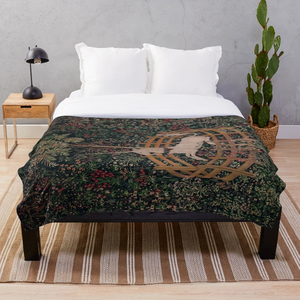 Enchanting unicorn plush blanket with magical medieval art design