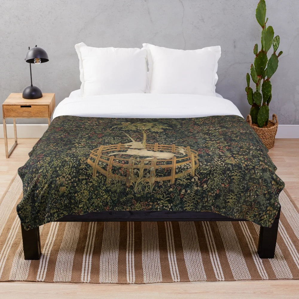 Plush blanket featuring the Unicorn Tapestry, a medieval art masterpiece