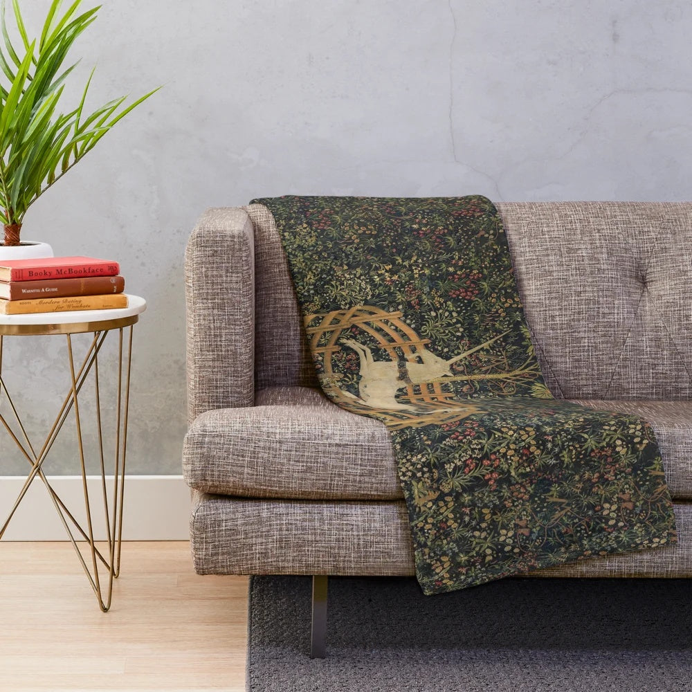Plush blanket featuring the Unicorn Tapestry, a medieval art masterpiece